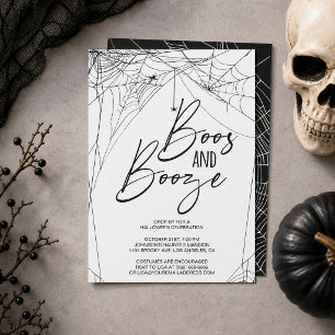Boos und Booze Schwarz-Weiß-Spinnennetz Halloween Einladung