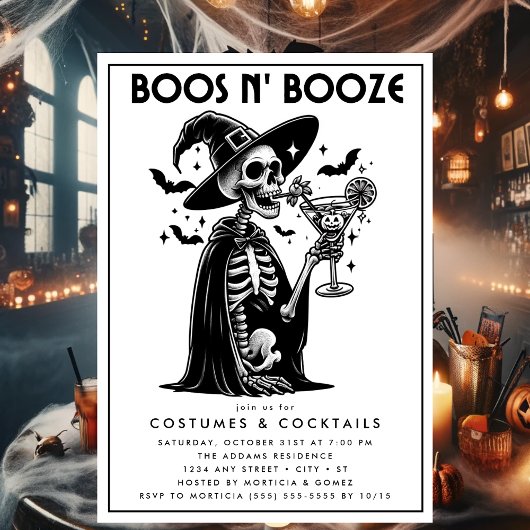 Boos und Booze Schwarz-weißes erwachsenes Hallowee Einladung