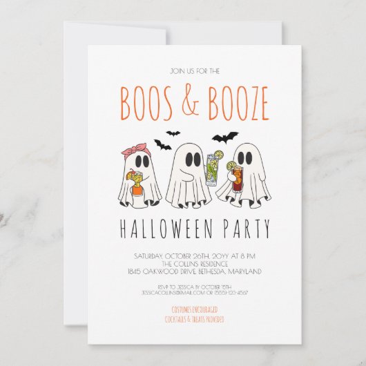 Boos und Booze Spooky Ghost Adult Halloween-Party Einladung (Vorderseite)