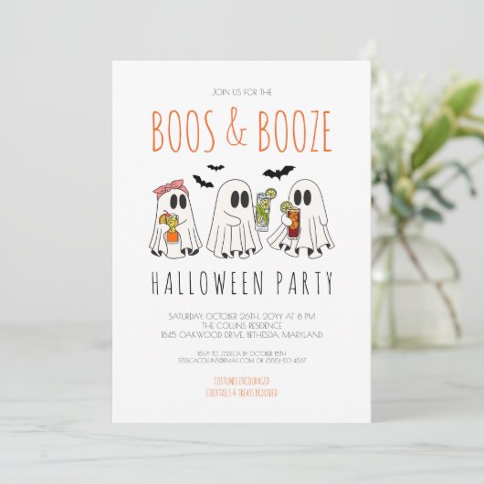 Boos und Booze Spooky Ghost Adult Halloween-Party Einladung (Stehend Vorderseite)