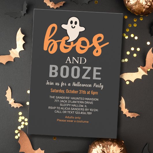 Boos y Booze Black Adults Halloween Party Einladung
