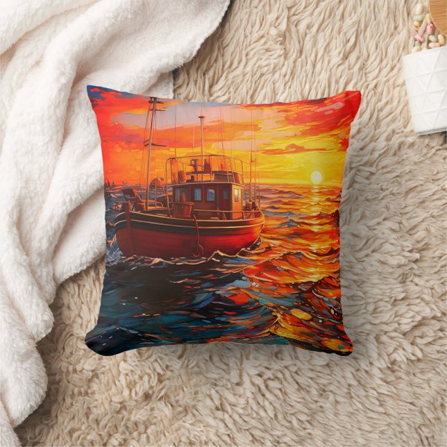 Boot bei Sonnenuntergang Kissen (Decke)