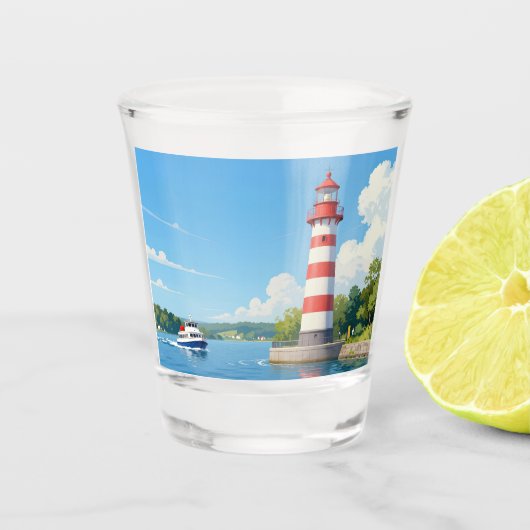 Boot nahe einem Leuchtturm Schnapsglas (Vorderseite)