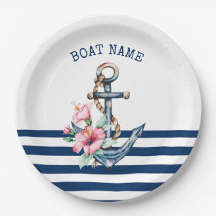 Boot Name, Florale Verankerung Navy Blau Streifen Pappteller