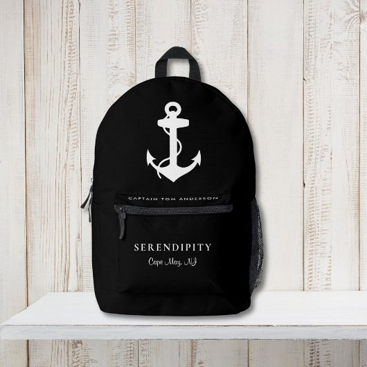 Boot Nautical Anchor Captains Black Bedruckter Rucksack