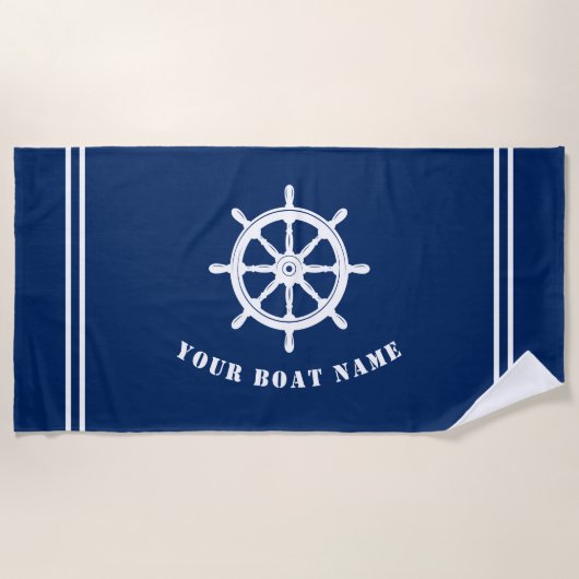 Boot oder Name Nautical Ships Wheel Helm Navy Blue Strandtuch (Vorderseite)