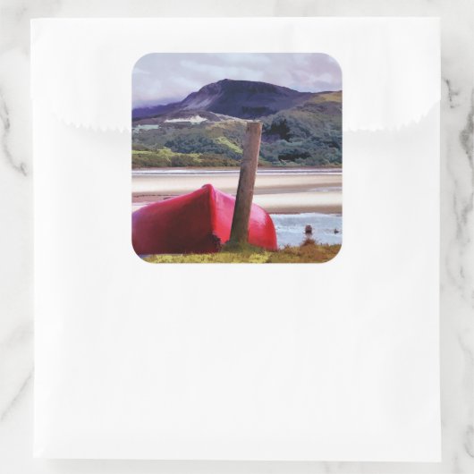 BOOT- UND BERGLANDSCHAFT QUADRATISCHER AUFKLEBER (Tasche)