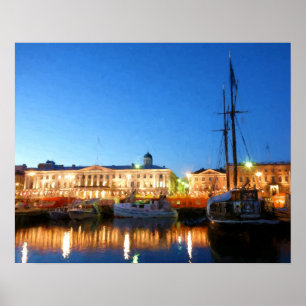 Boote am Helsinki Market Square im Abend Poster
