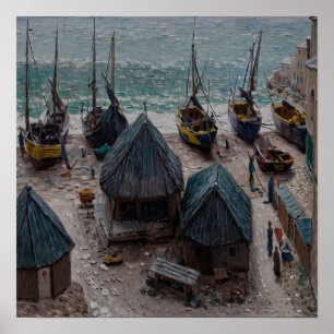 Boote am Strand von Étretat Poster