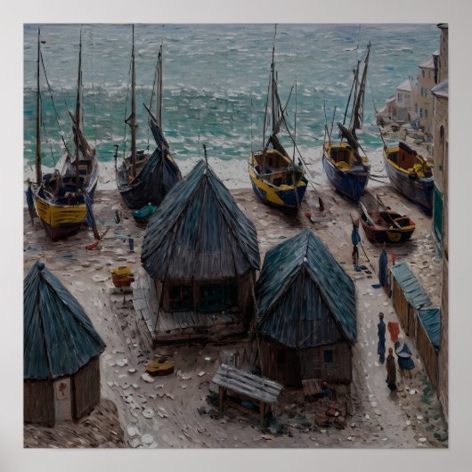 Boote am Strand von Étretat Poster (Vorne)