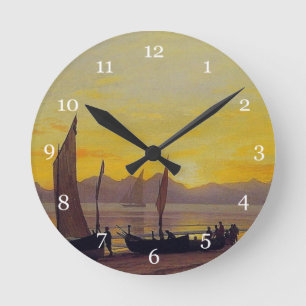 Boote am Ufer bei Sonnenuntergang, Albert Bierstad Runde Wanduhr