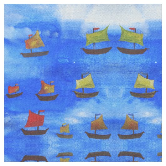 Boote Aquarell Blue Sea Combed Baumwollgewebe Stoff (Nahaufnahme)
