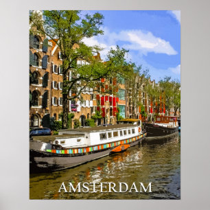 Boote auf einem Kanal in Amsterdam Vintage Reise Poster