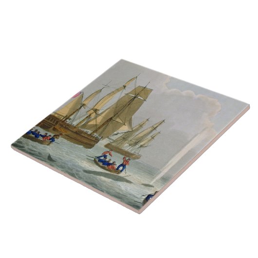 Boote, die einem Wal, graviert durch Fliese (Seite)