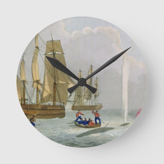 Boote, die sich einem Wal nähern, graviert von Mat Runde Wanduhr (Vorderseite)