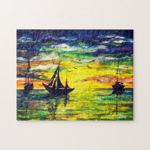 Boote im Sunset Jigsaw Puzzle - Malerei