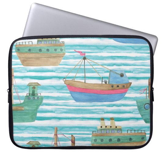 Boote Streifen: Aquarellmalerei Muster. Laptopschutzhülle (Vorderseite)