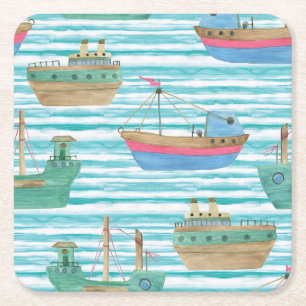 Boote Streifen: Aquarellmalerei Muster. Rechteckiger Pappuntersetzer