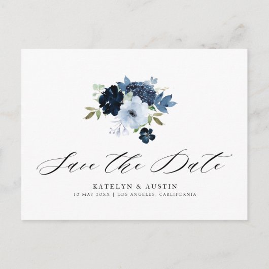 Boote und hellblaue blühende Save the Date Postkarte (Vorderseite)