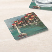 Boote und Rote Dächer in Italien, Ölgemälde Rechteckiger Pappuntersetzer (angewinkelt)