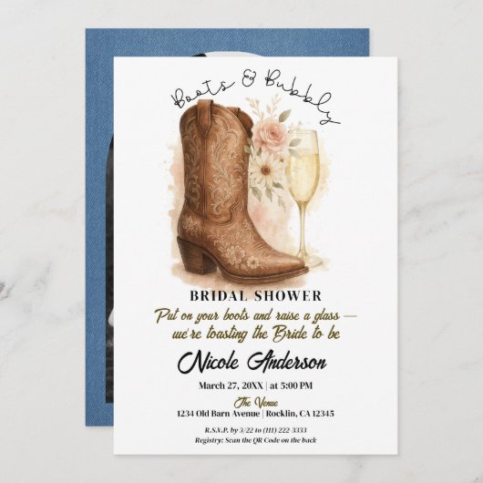 Booten und Bubbly Country Western Boot-Brautparty Einladung (Vorne/Hinten)