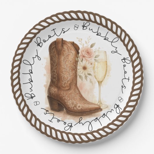 Booten und Bubbly Country Western Boot-Brautparty Pappteller (Vorderseite)