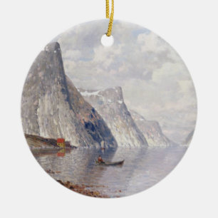 Bootfahrt auf einem norwegischen Fjord (Öl auf Keramik Ornament