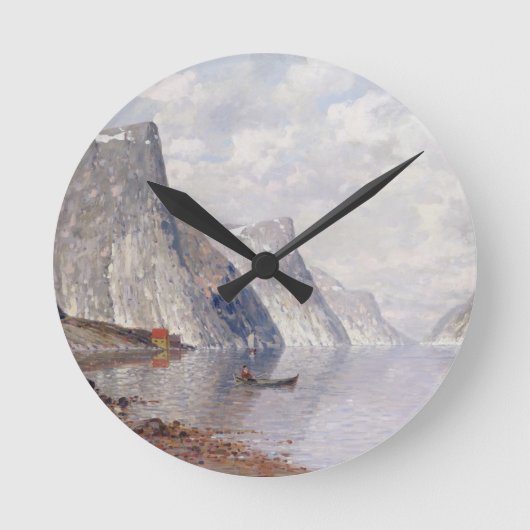 Bootfahrt auf einem norwegischen Fjord (Öl auf Runde Wanduhr (Vorderseite)