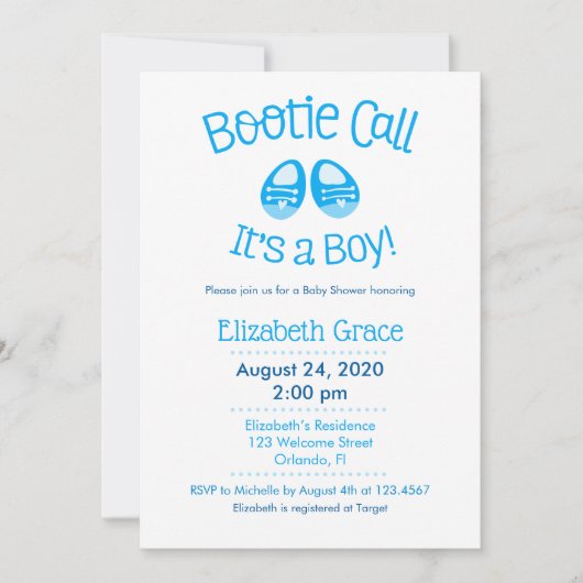Bootie Call Blue Baby Boy Dusche Einladung (Vorderseite)