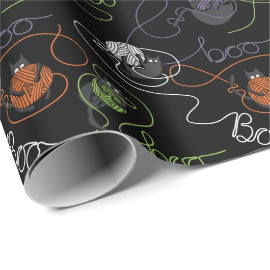 Bootigezähmtes Schwarzes Katzen und GarnHalloween Geschenkpapier (Rolleneckpunkt)