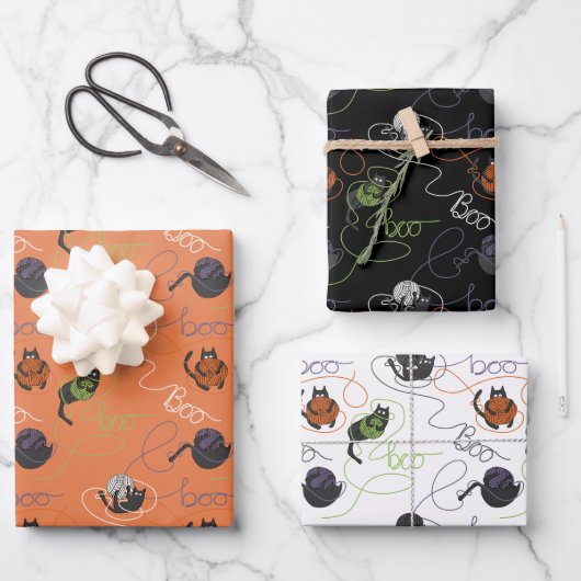 Bootigezähmtes Schwarzes Katzen und GarnHalloween Geschenkpapier Set (Vorderseite)