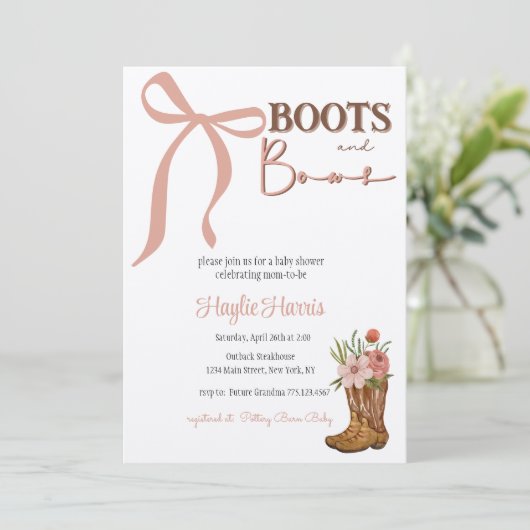 Boots and Bows Baby Girl Shower Einladung (Stehend Vorderseite)