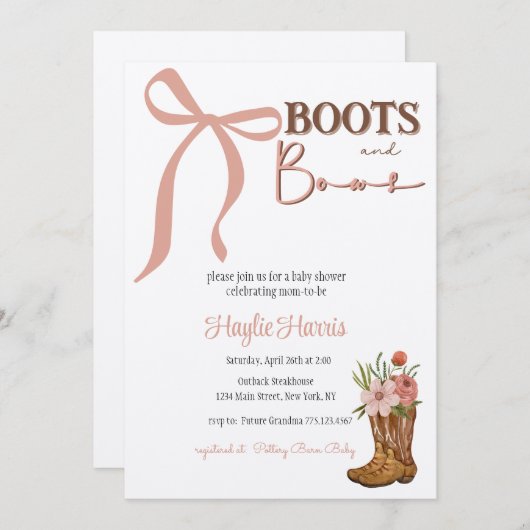 Boots and Bows Baby Girl Shower Einladung (Vorne/Hinten)