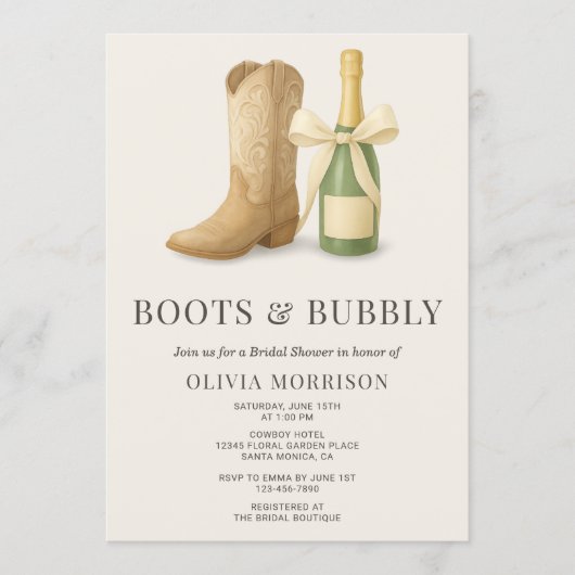 Boots and Bubbly Elegant Bow Bridal Shower Einladung (Vorderseite)