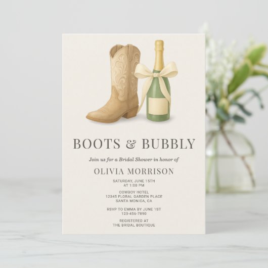 Boots and Bubbly Elegant Bow Bridal Shower Einladung (Stehend Vorderseite)