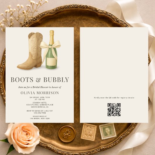 Boots and Bubbly QR Code Bow Bridal Shower Einladung