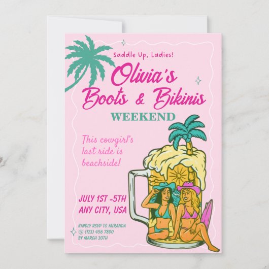 Boots & Bikinis Bachelorette Invitation Einladung (Vorderseite)
