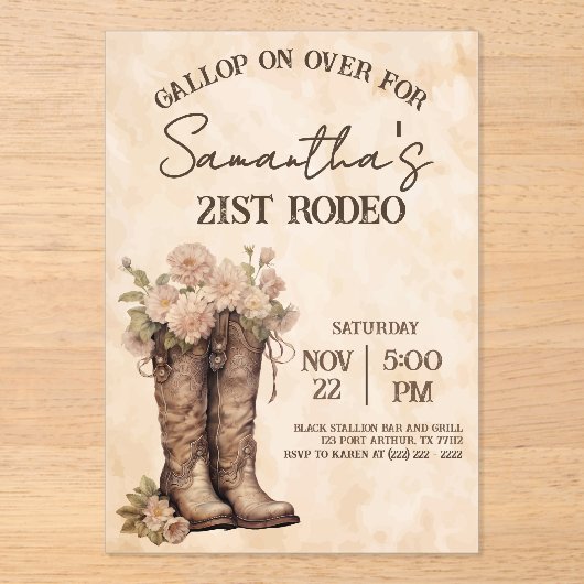 Boots & Blush Rustic Western Cowgirl 21st Birthday Acryleinladungen (Vorderseite)