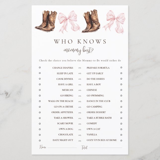 Boots & Bows Who Knows Mommy Best Baby Shower Game (Vorderseite)