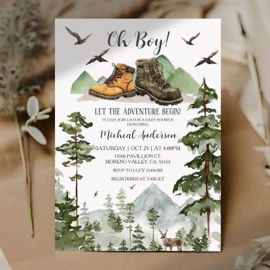 Boots Boy Pine Adventure Begin Forest Baby Shower Einladung