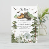 Boots Boy Pine Adventure Begin Forest Baby Shower Einladung (Stehend Vorderseite)