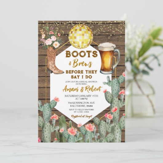 Boots & Brews Western Country Beer Brautparty Einladung (Stehend Vorderseite)
