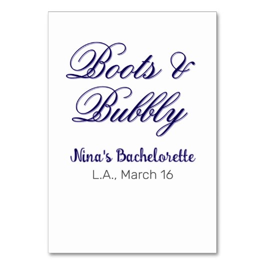 Boots & Bubble bachelorette party name purpleplace Tischnummer (Vorderseite)