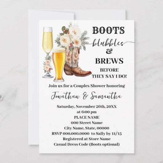 Boots Bubbles & Brews Winter Bridal Shower Einladung (Vorderseite)
