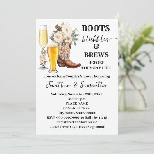 Boots Bubbles & Brews Winter Bridal Shower Einladung (Stehend Vorderseite)