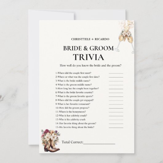 Boots & Bubbly Bride & Groom Trivia Game Card Ankündigung (Vorderseite)