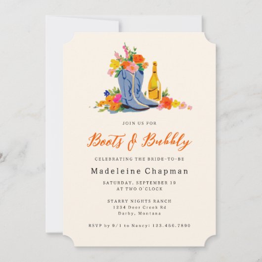 Boots & Bubbly Modern Cute Floral Bridal Shower Einladung (Vorderseite)