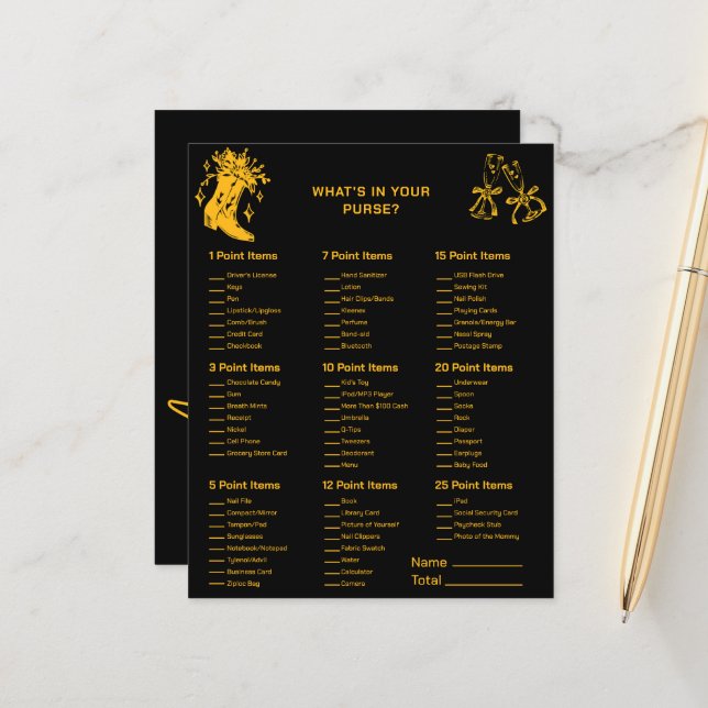 Boots & Bubbly-What's in your purse Bridal Games (Vorderseite/Rückseite Beispiel)