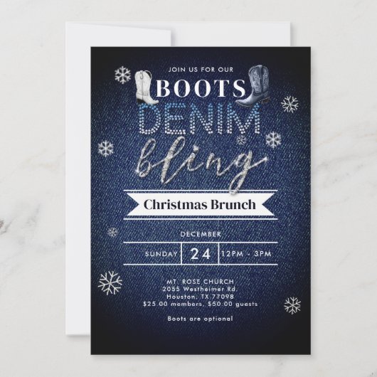Boots Denim Bling Christmas Church Brunch Party Einladung (Vorderseite)