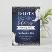Boots Denim Bling Diamond Blue Jeans 30. Geburtsta Einladung (Stehend Vorderseite)